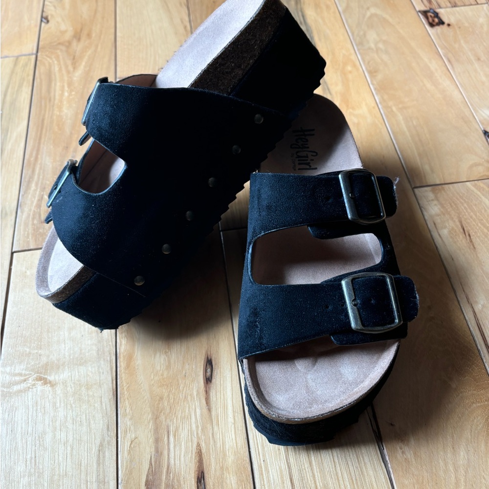 Black Suede Double Strap Sandals